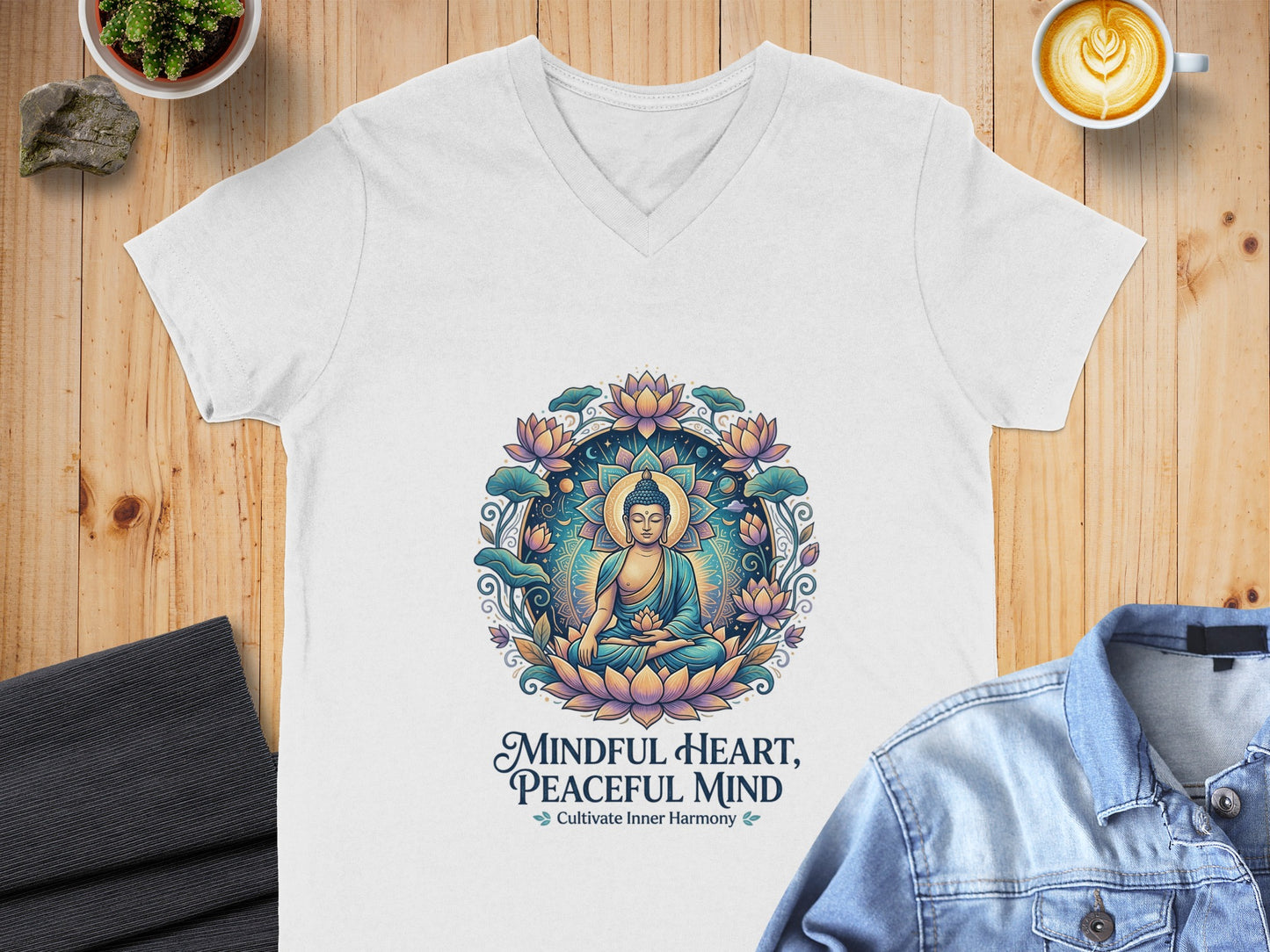 White v-neck t-shirt with Buddha, lotus flowers, and "Mindful Heart, Peaceful Mind" text.