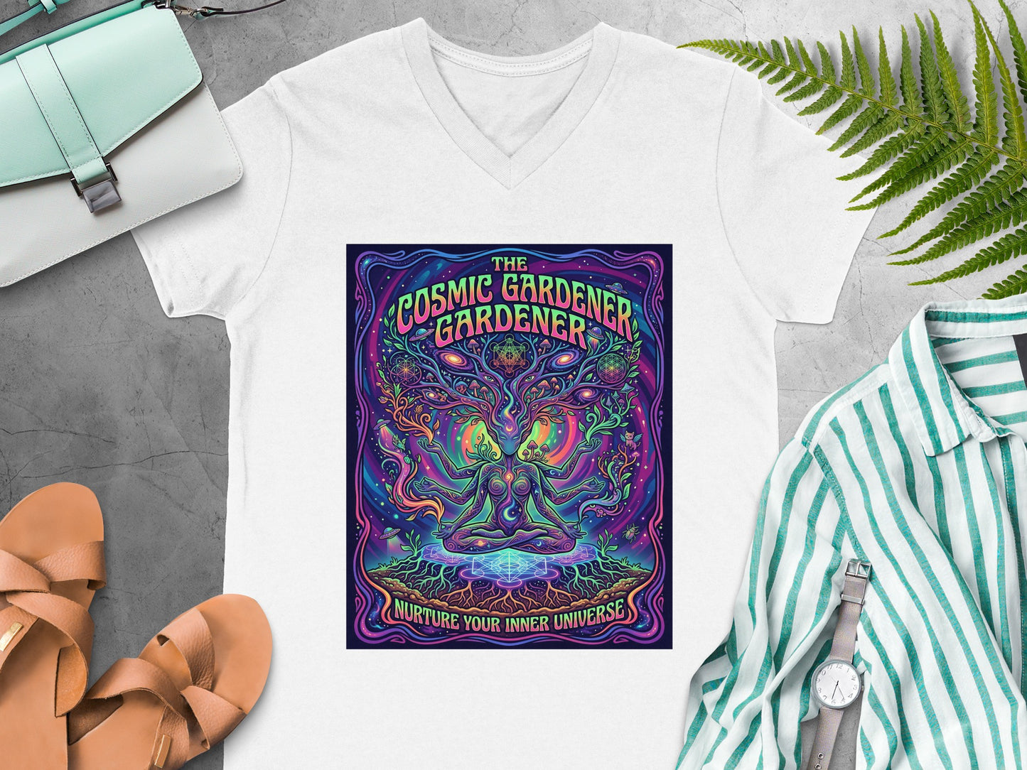 Cosmic Gardener t-shirt with psychedelic tree art and text, "Nurture Your Inner Universe".