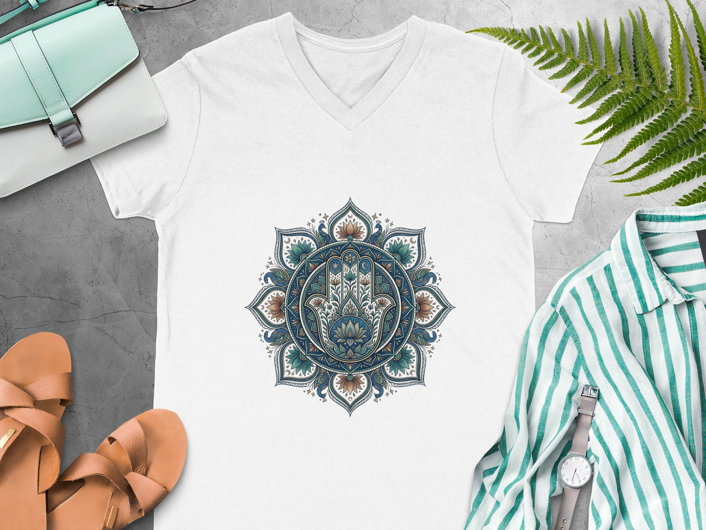 White v-neck t-shirt with a colorful Hamsa hand mandala design.