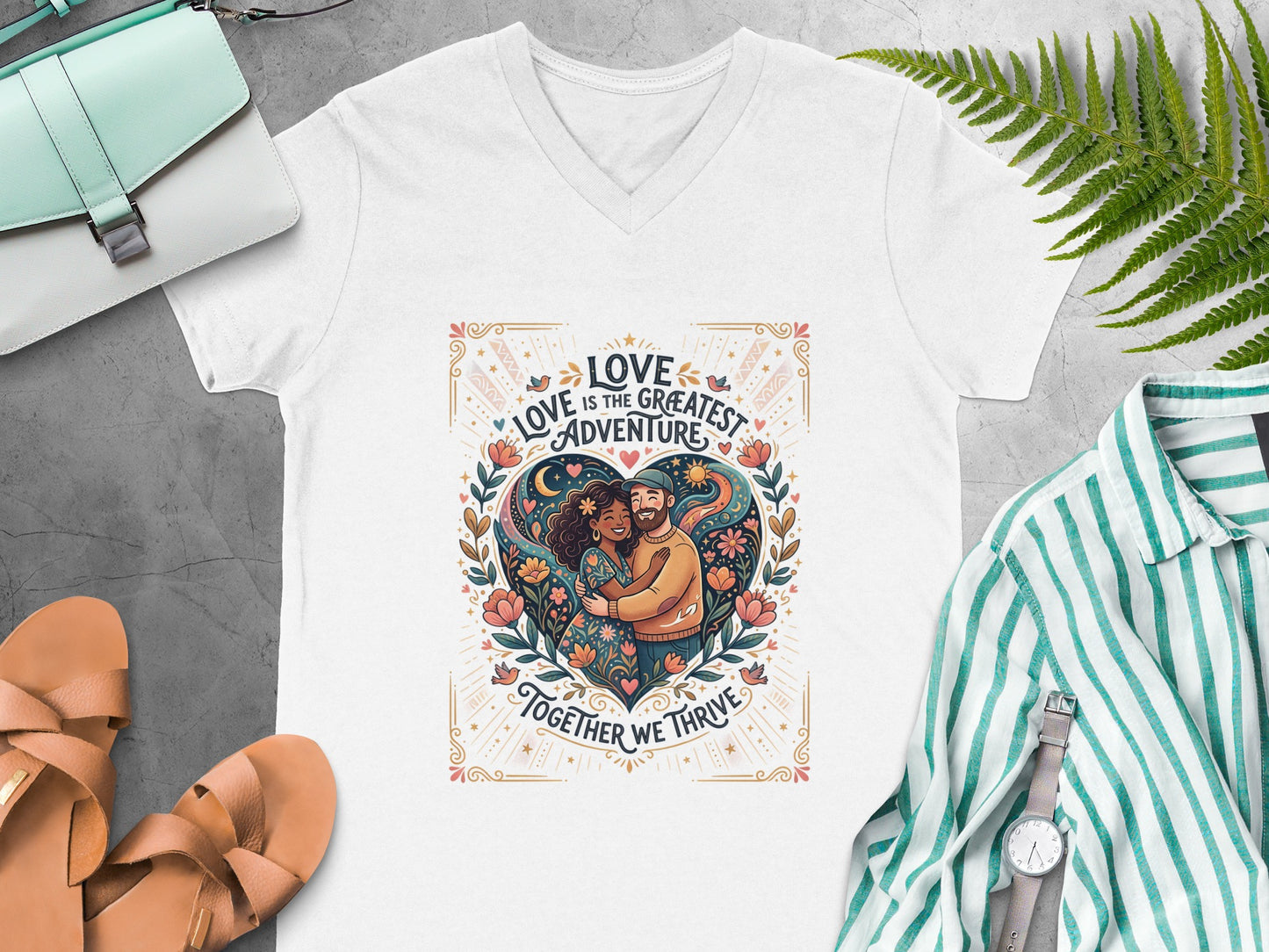 T-shirt with "Love is the greatest adventure, together we thrive" heart design.