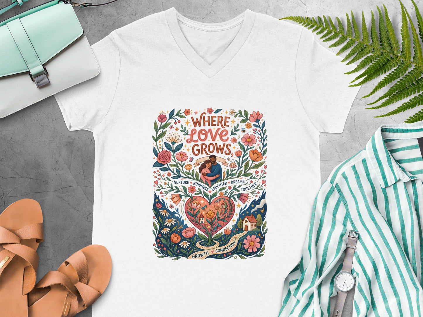 T-shirt with heart, flowers, and text "Where Love Grows" and "Nurture, Kindness, Laughter, Dreams, Together, Growth, Connection."