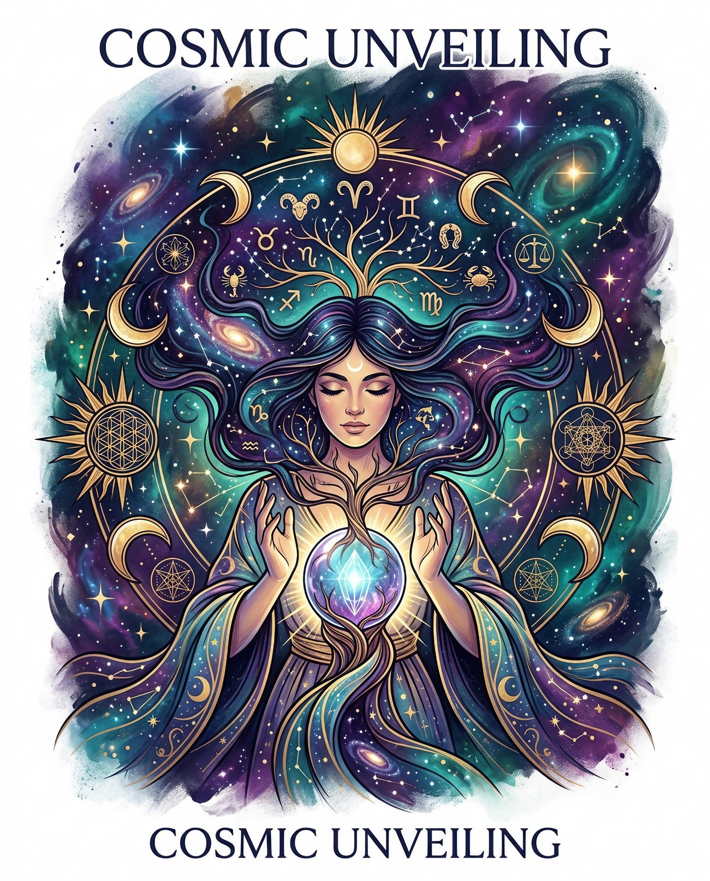Cosmic Unveiling artwork with woman, celestial body, and zodiac symbols.