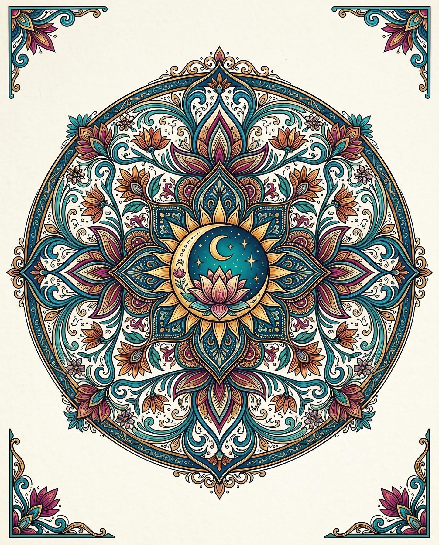 Intricate mandala with celestial moon and star motif in vibrant colors.