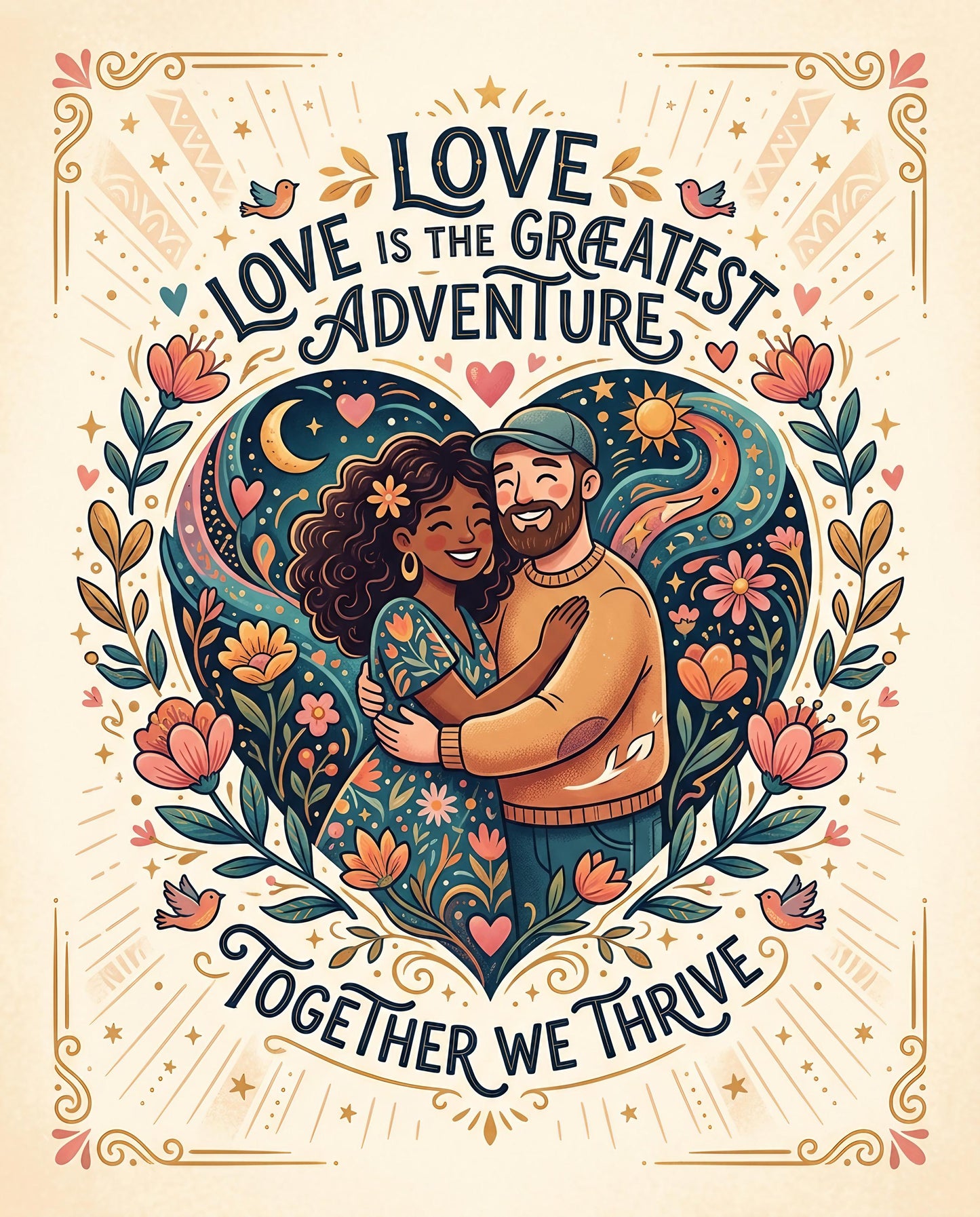 Couple embracing within a heart shaped floral design, text reads "Love is the greatest adventure, together we thrive."