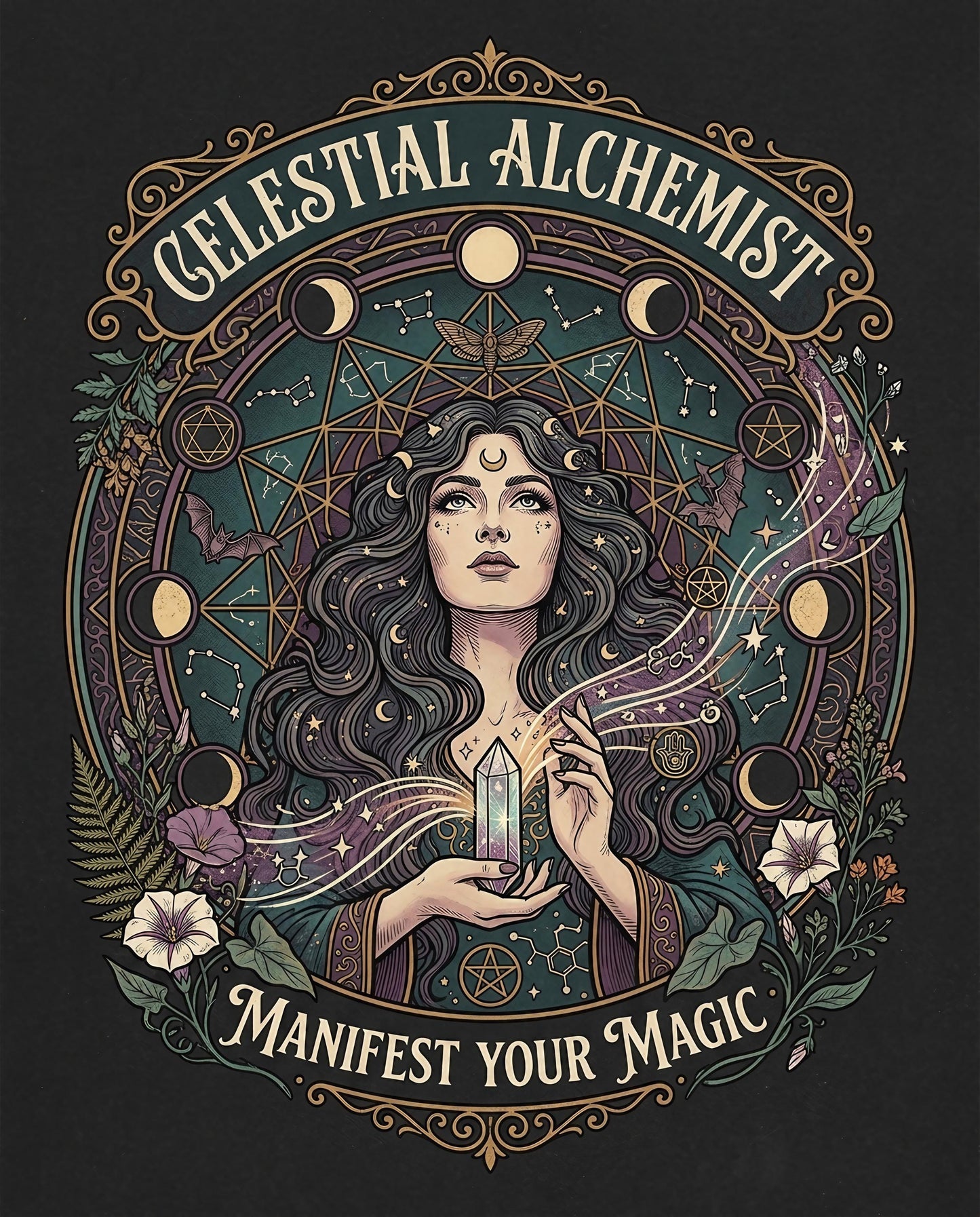 Celestial Alchemist logo with woman holding crystal and text "Manifest Your Magic".