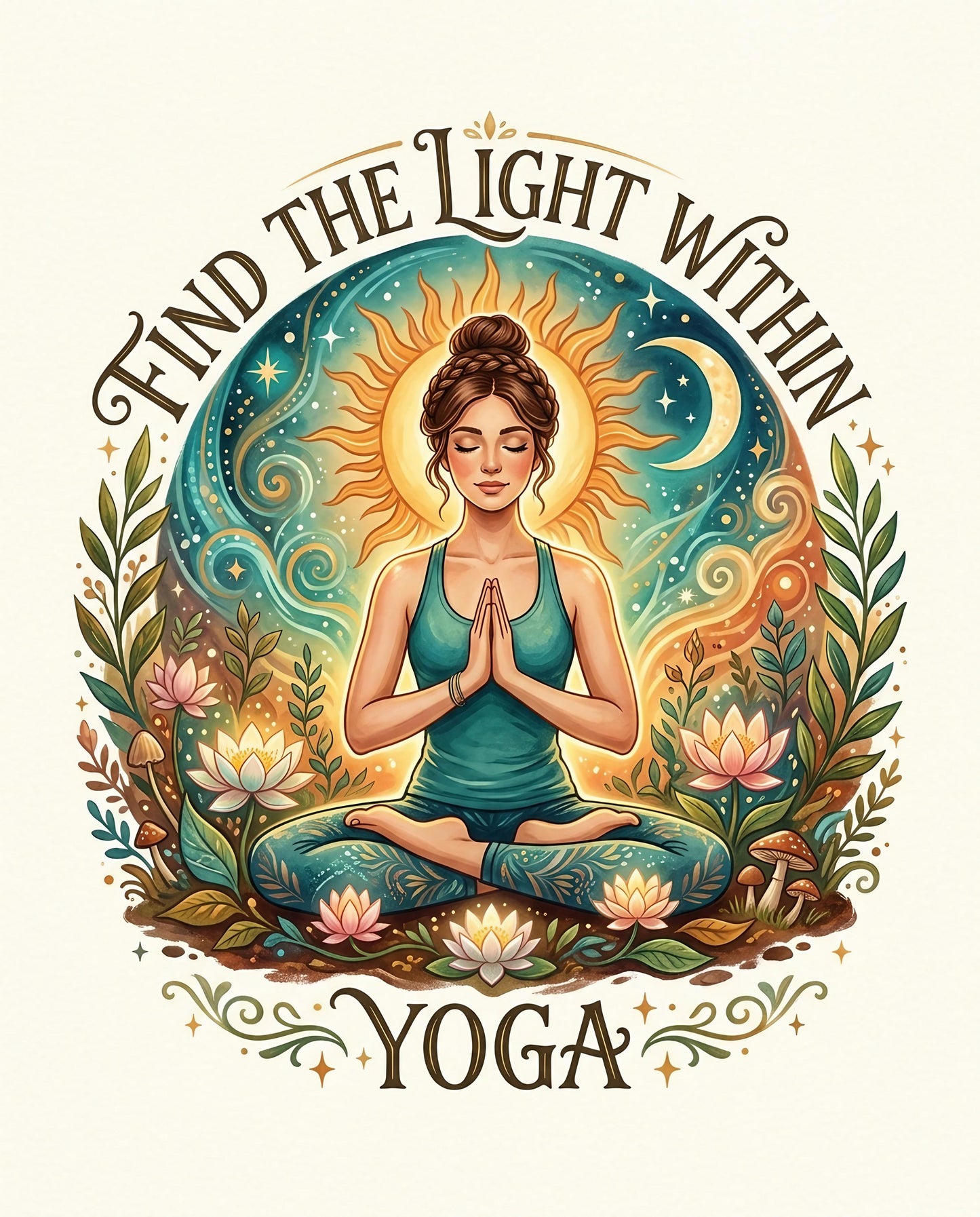 Woman in lotus pose with "Find the Light Within Yoga" text.