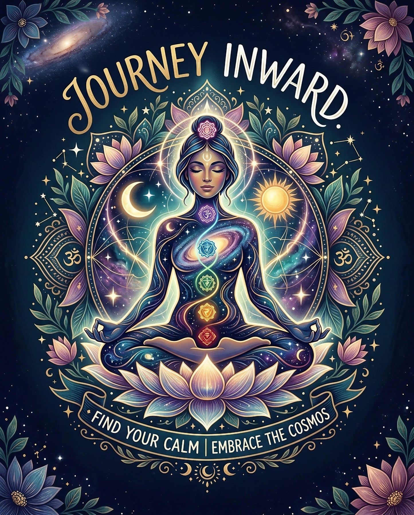 Woman meditating with chakras and cosmic imagery, "JOURNEY INWARD FIND YOUR CALM EMBRACE THE COSMOS."