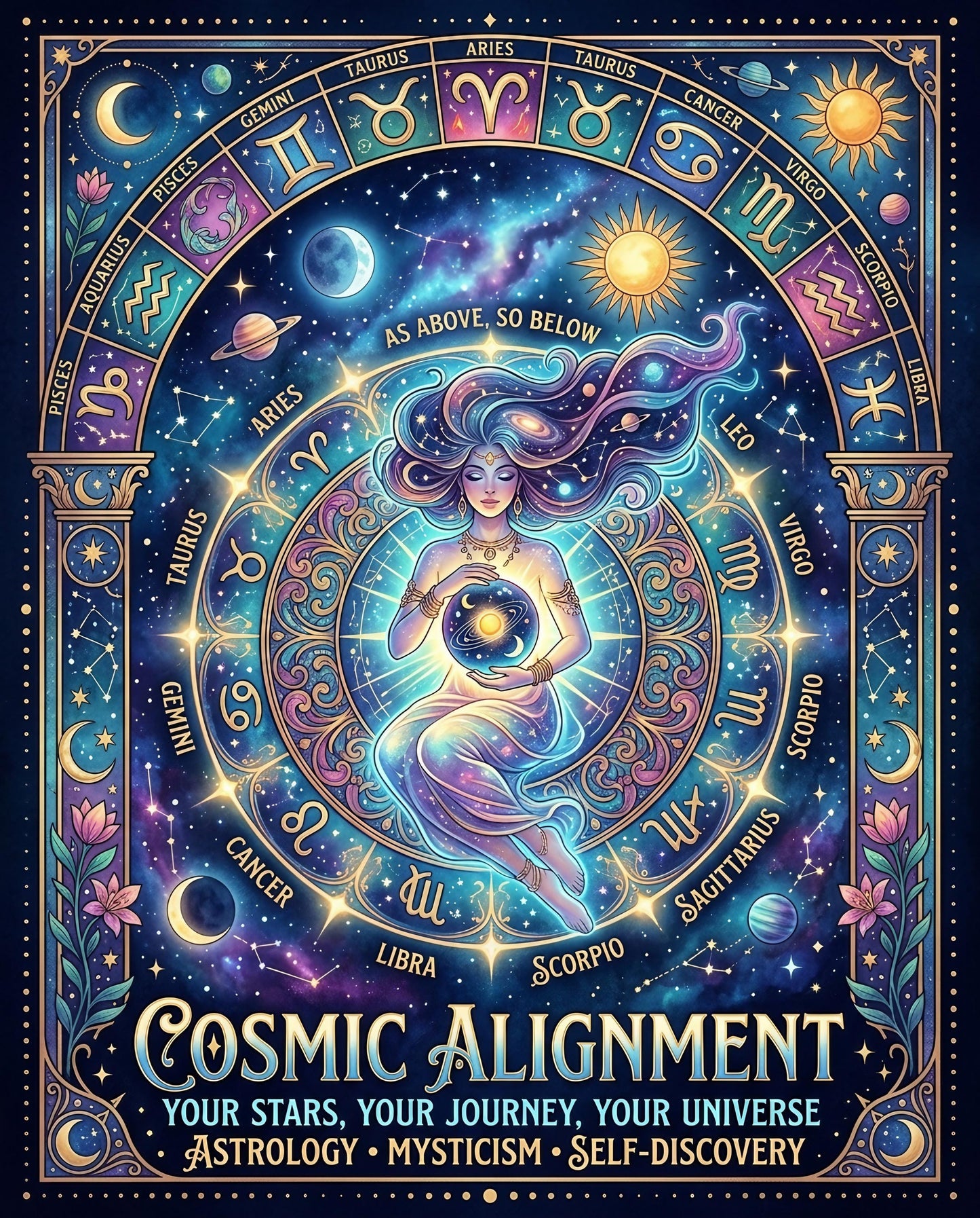 Woman holding a glowing orb within a cosmic zodiac circle, "Cosmic Alignment" text.