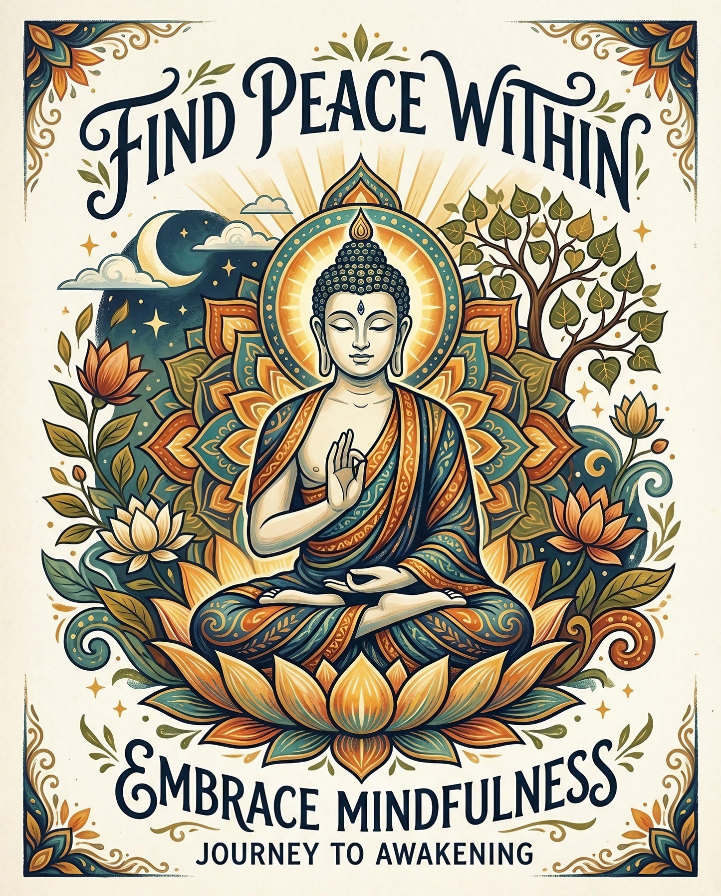 Buddha meditating in lotus pose surrounded by flowers, with text "Find Peace Within Embrace Mindfulness Journey to Awakening".