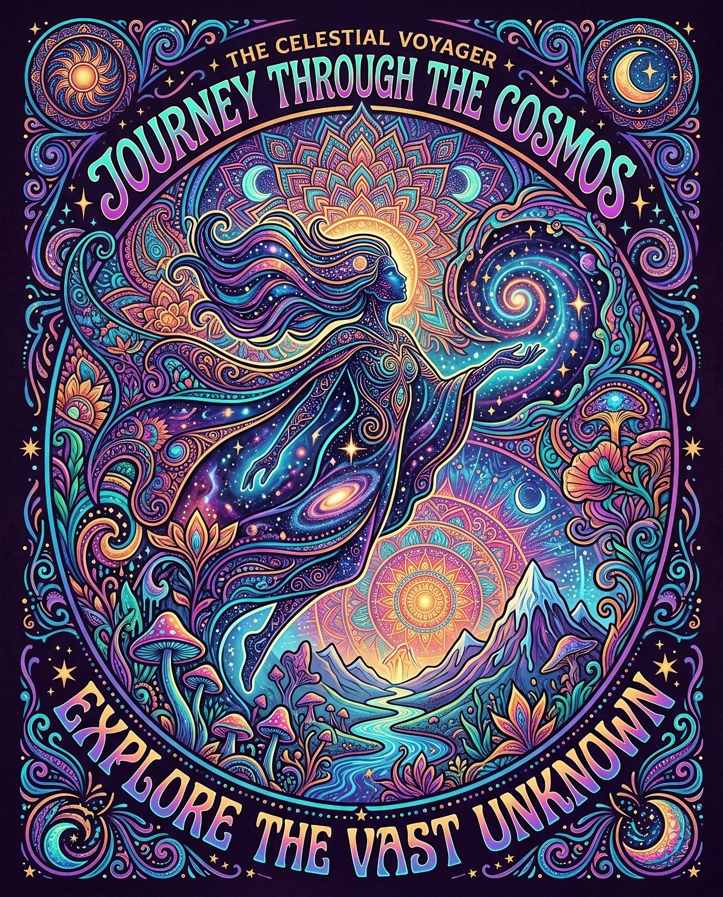 Cosmic voyager exploring the vast unknown with celestial mountains and colorful flora.