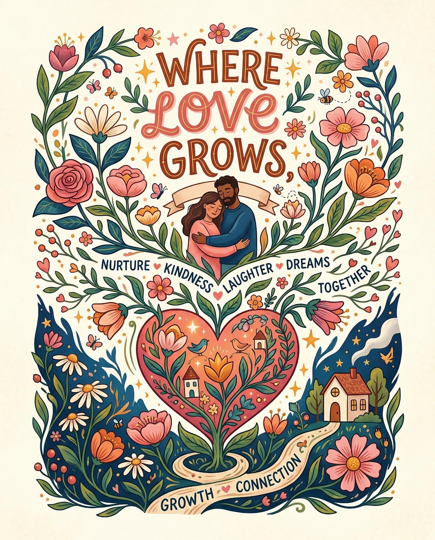 Illustration with text "Where Love Grows" and heartwarming imagery.