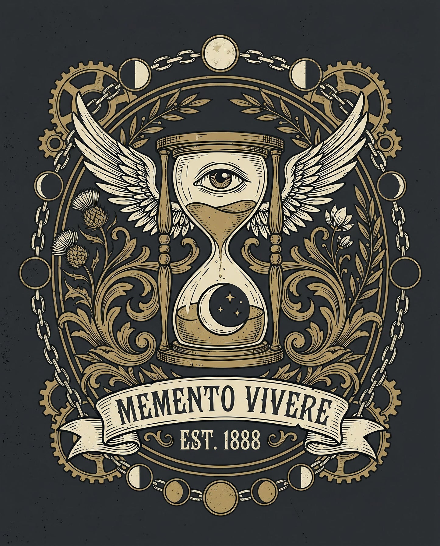 Hourglass with eye and wings, moon phase border, "Memento Vivere Est. 1888".