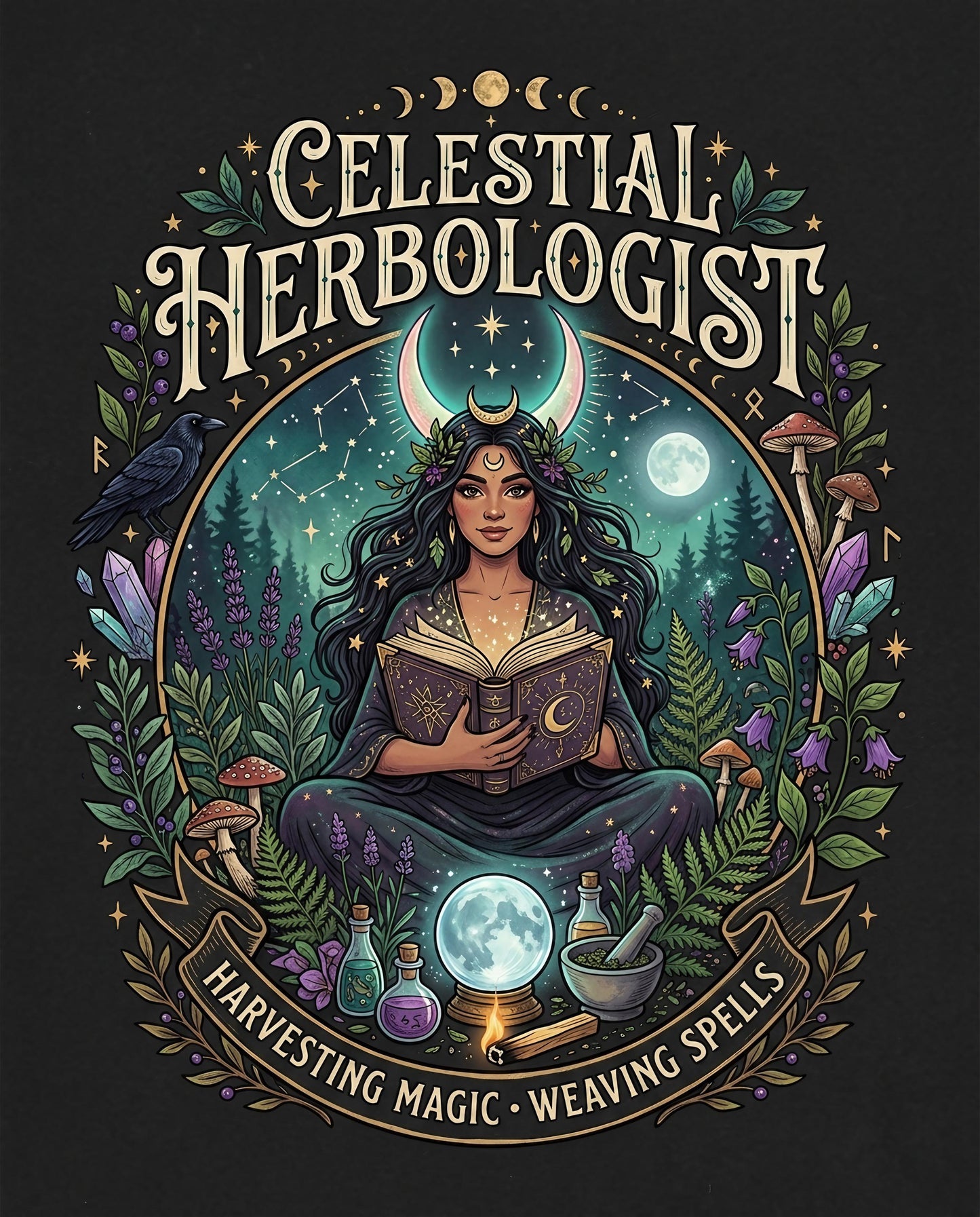 Woman with moon crown reading book surrounded by herbs and celestial elements.