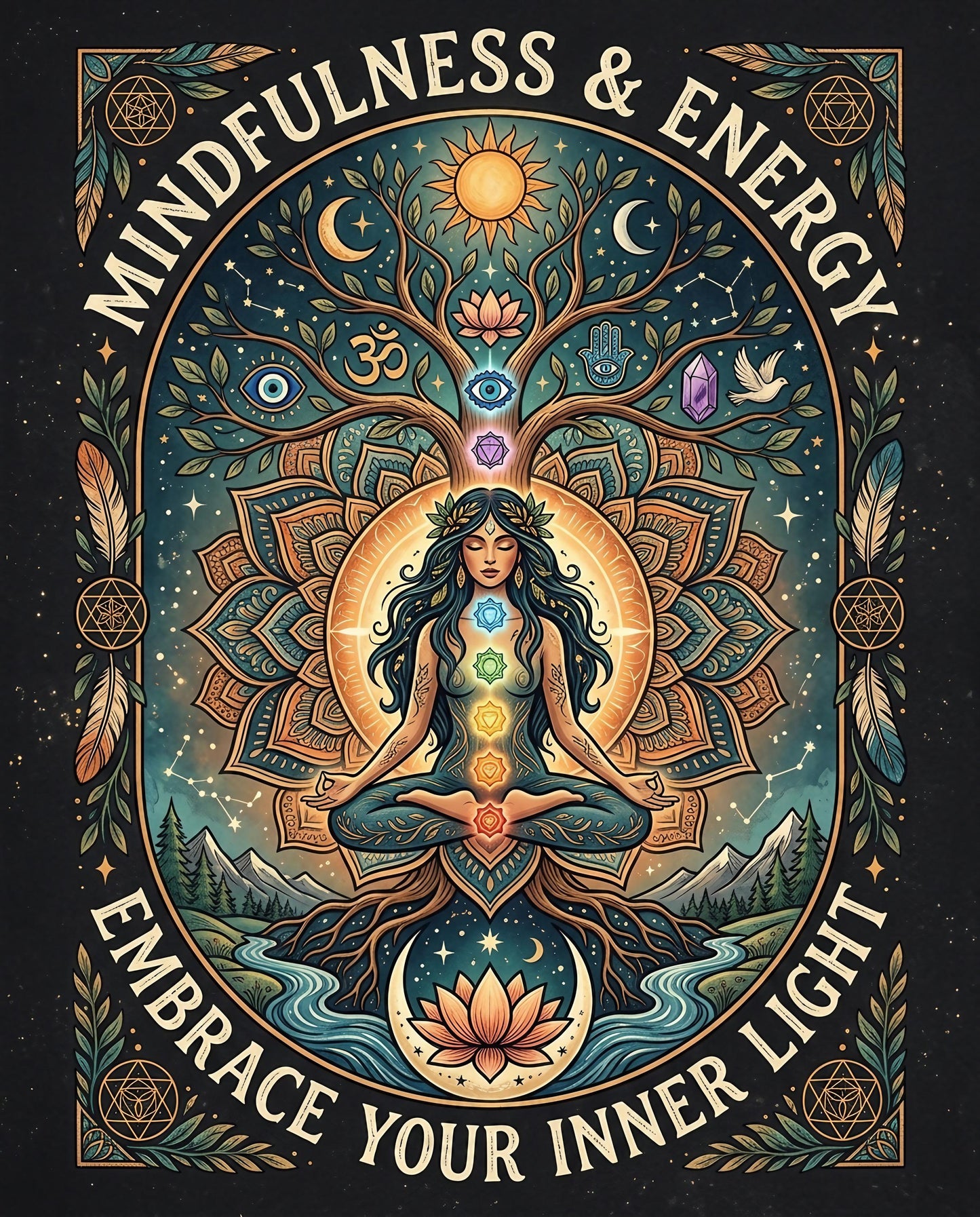 Woman meditating under a tree of life with chakras illuminated.