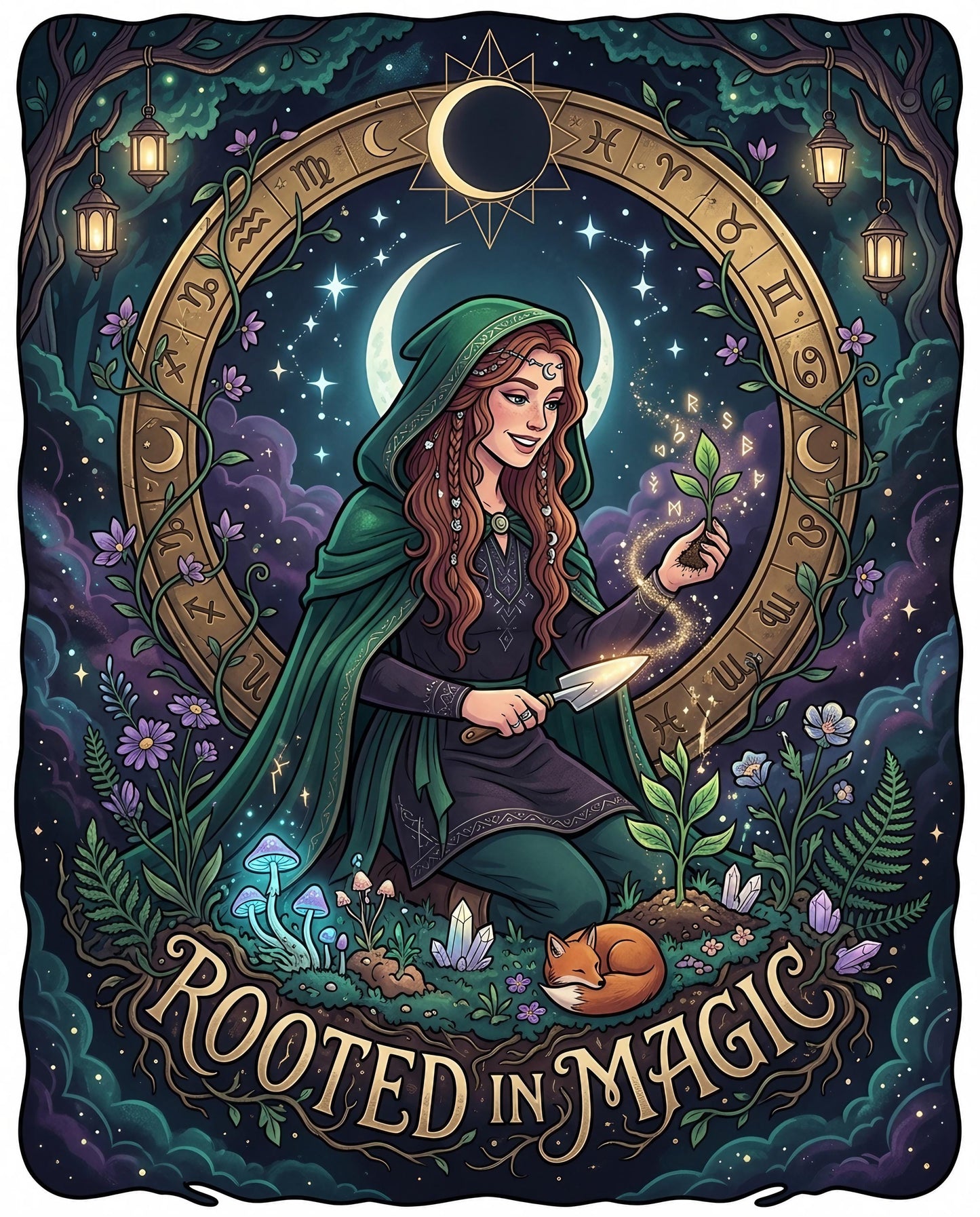 Woman with a shovel plants a seedling under a zodiac circle with a fox.