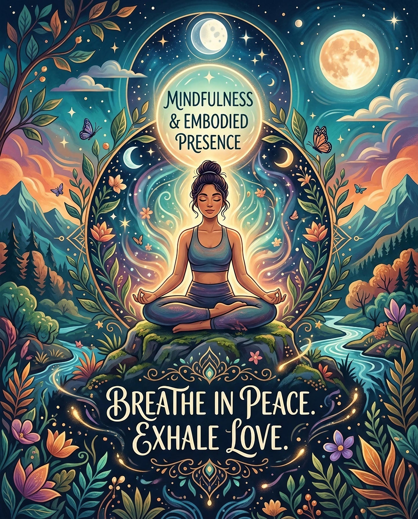 Woman meditates with "Mindfulness & Embodied Presence" and "Breathe In Peace. Exhale Love."