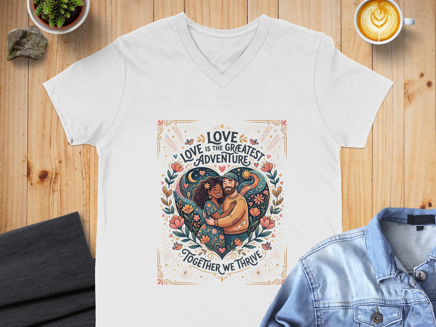 White V-neck t-shirt with "Love is the greatest adventure" heart graphic.