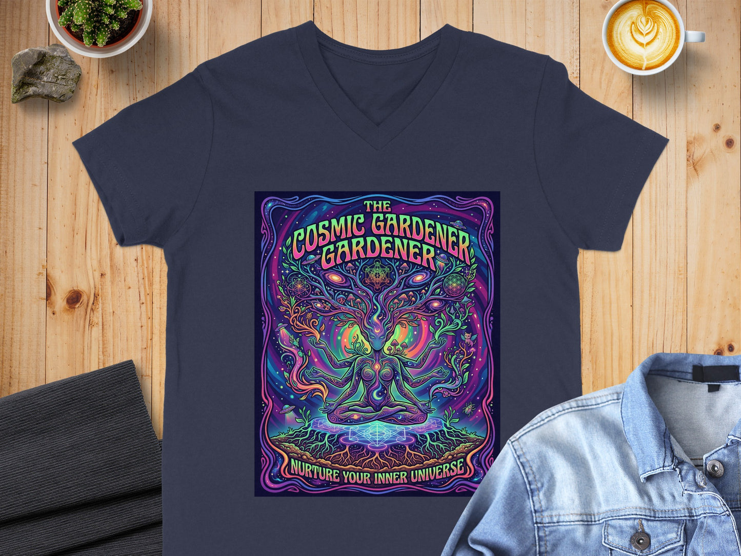 Cosmic Gardener t-shirt with psychedelic art featuring meditating figure and vibrant colors.