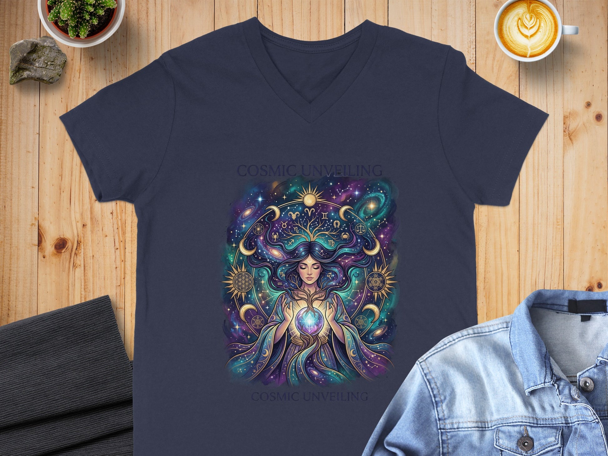 Dark navy v-neck t-shirt with cosmic celestial woman design.
