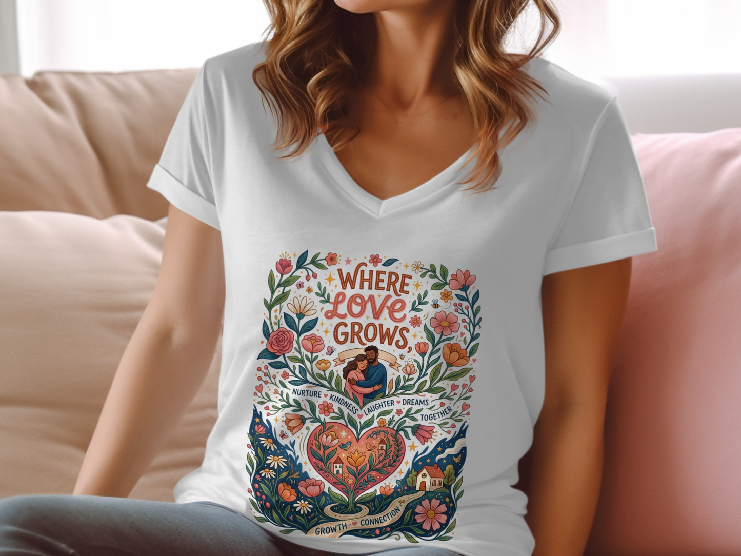 White v-neck t-shirt with floral heart and couple graphic, featuring text "Where Love Grows".