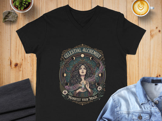 Black v-neck t-shirt with "Celestial Alchemist Manifest Your Magic" graphic.