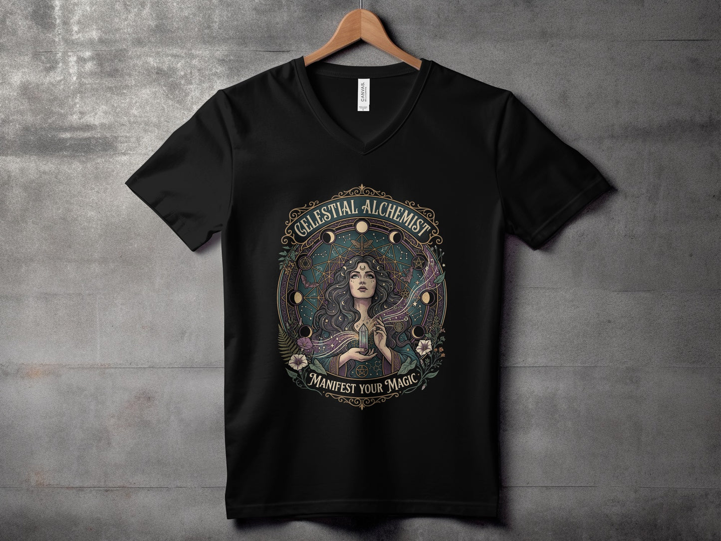 Black t-shirt with "Celestial Alchemist" and woman holding glowing orb.