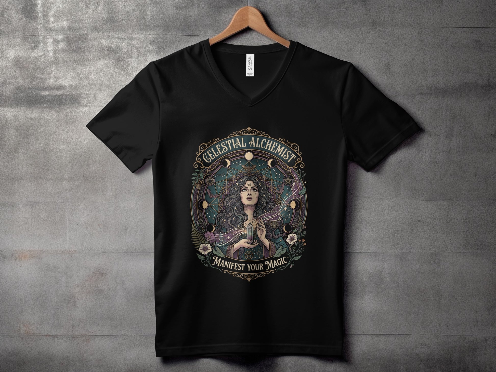 Black t-shirt with "Celestial Alchemist" and woman holding glowing orb.