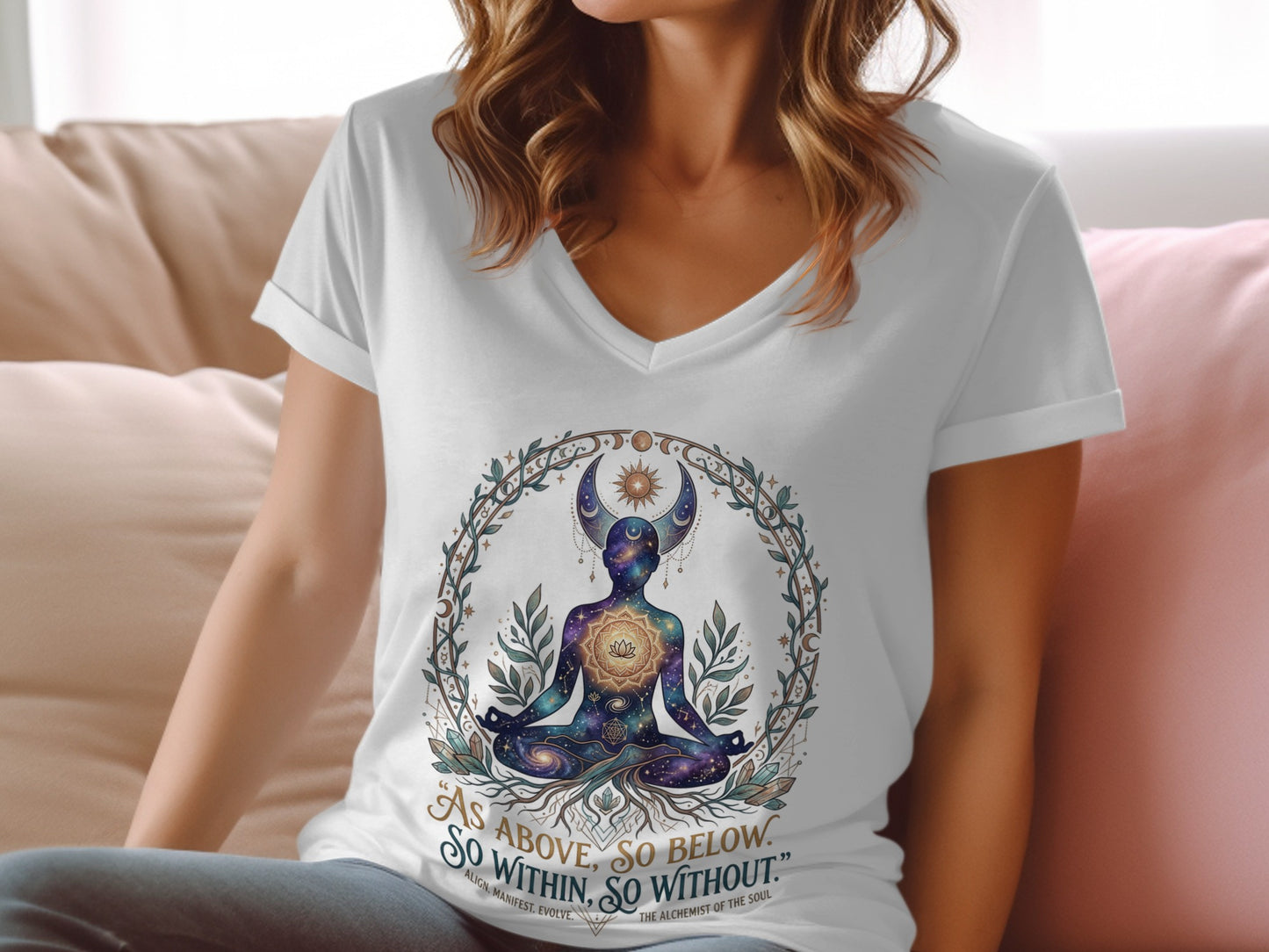 White v-neck t-shirt with spiritual design and "As Above, So Below" text.