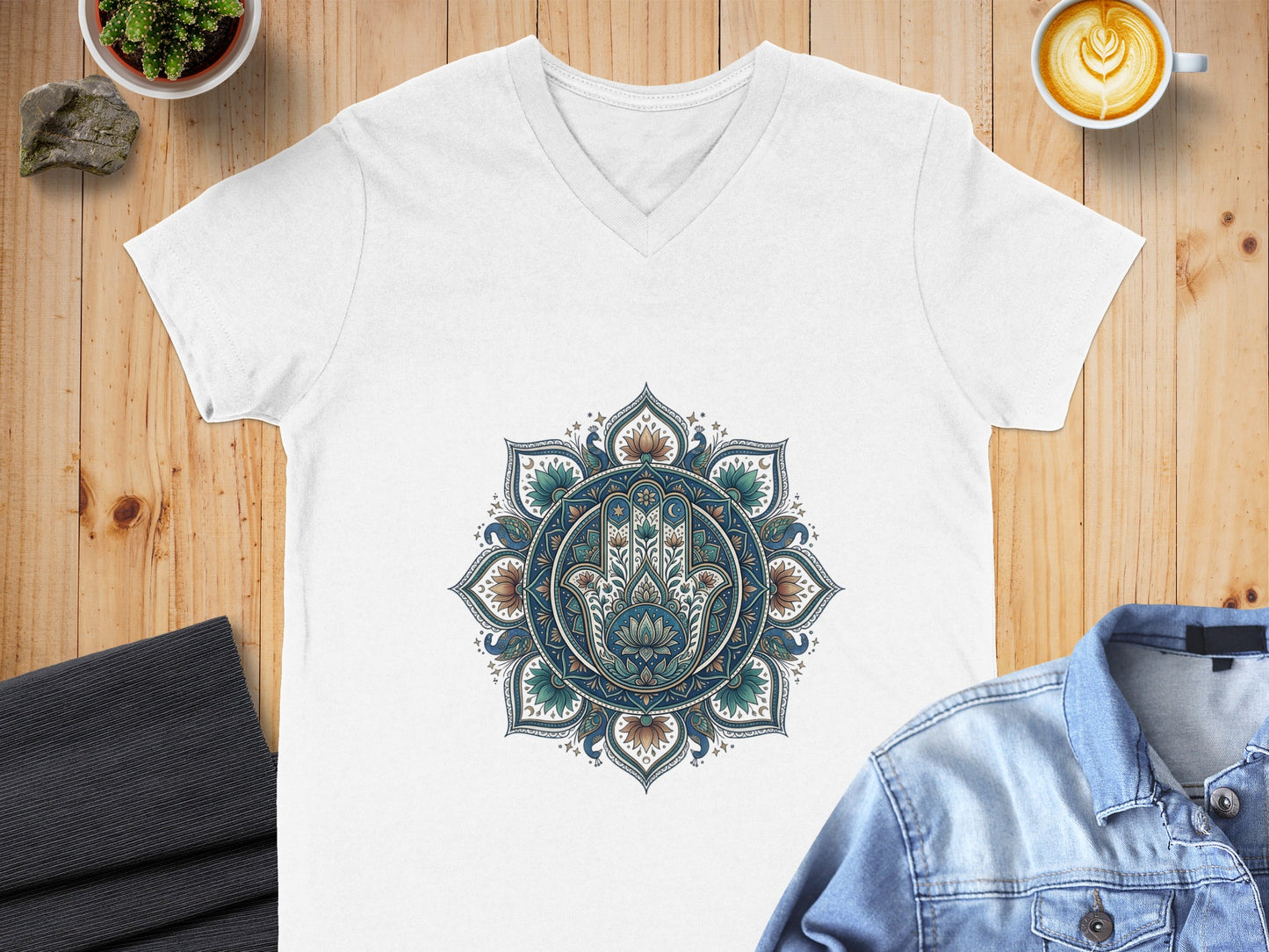 White v-neck t-shirt with a mandala Hamsa hand design.
