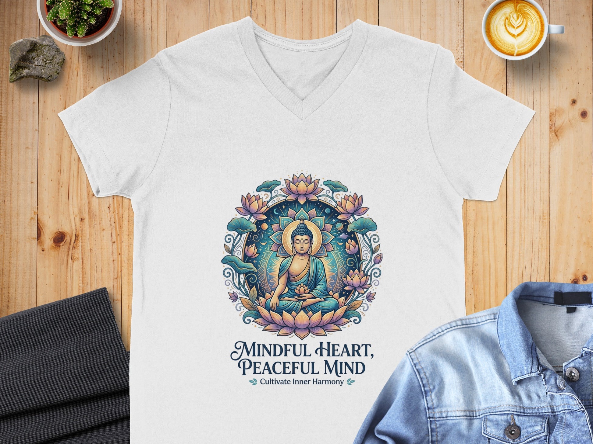 White v-neck t-shirt with Buddha art, lotuses, and text "Mindful Heart, Peaceful Mind".