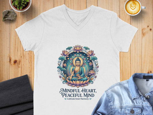 White v-neck t-shirt with Buddha art, lotuses, and text "Mindful Heart, Peaceful Mind".