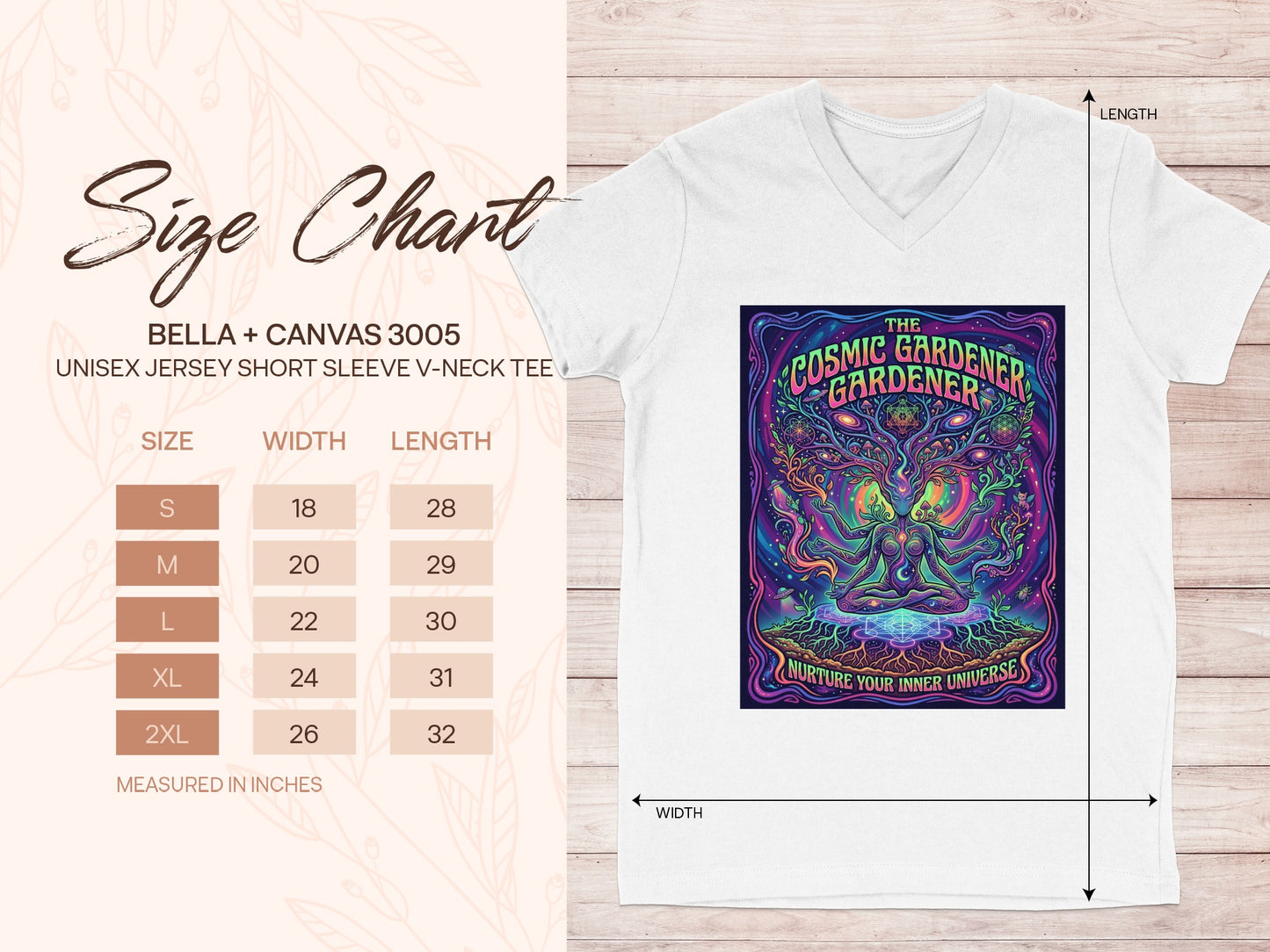 Size chart for a unisex short-sleeve v-neck tee with cosmic gardener graphic.