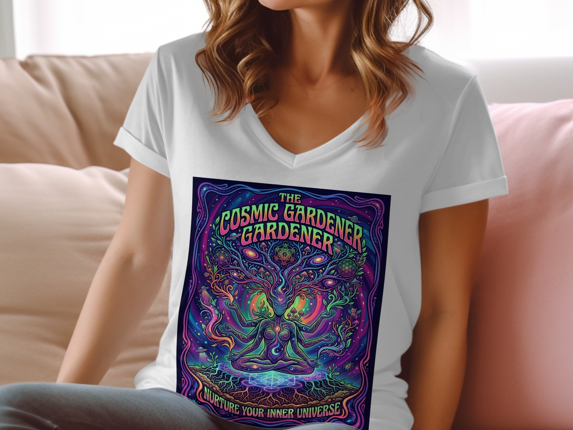 White t-shirt with vibrant psychedelic "Cosmic Gardener" design nurturing inner universe.