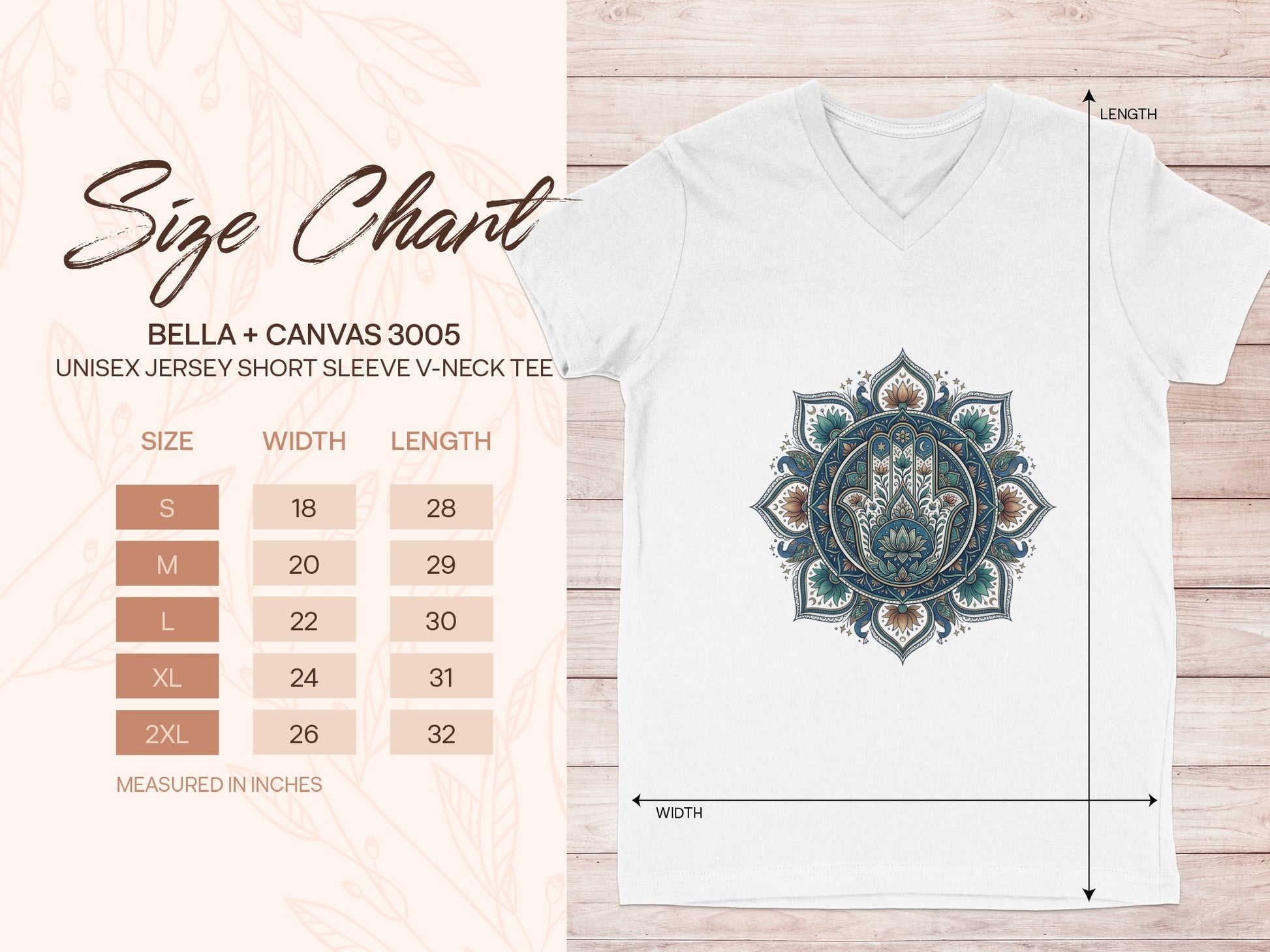 Bella + Canvas 3005 unisex v-neck t-shirt size chart in inches.