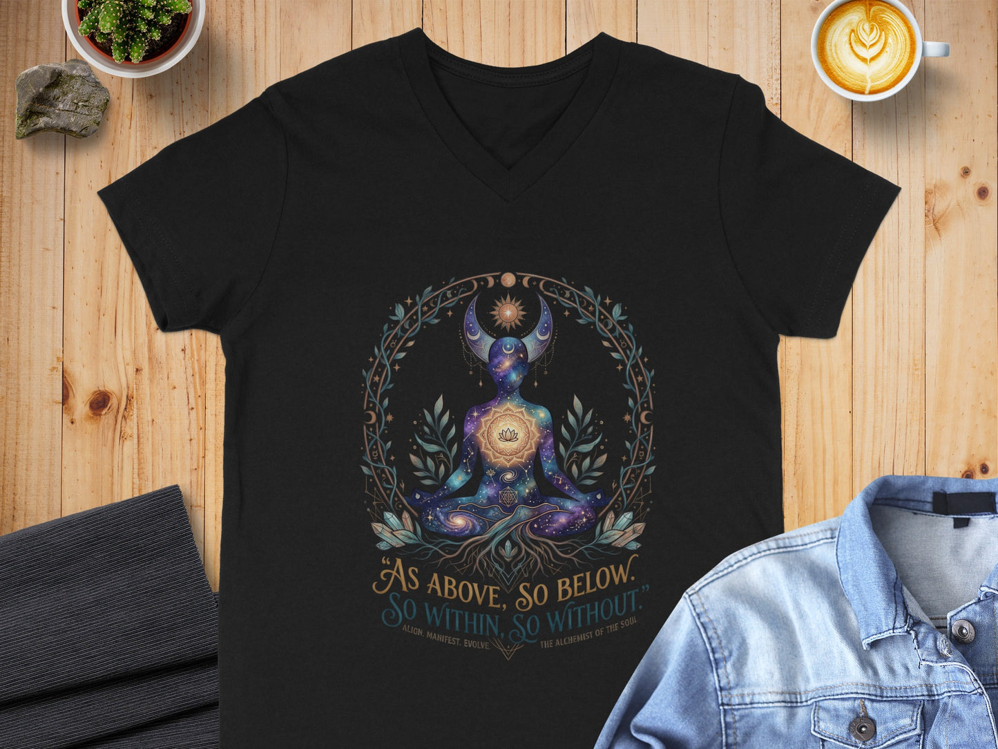 Black t-shirt with cosmic tree and lotus graphic. "As Above, So Below."
