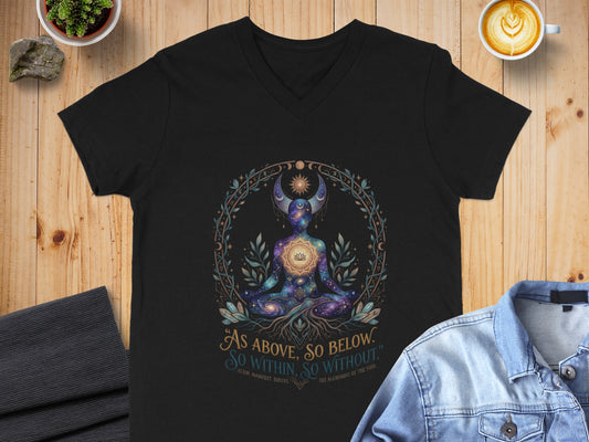 Black t-shirt with cosmic tree and lotus graphic. "As Above, So Below."