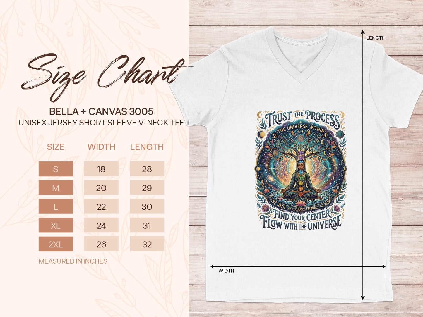 Bella + Canvas 3005 size chart with t-shirt graphic.