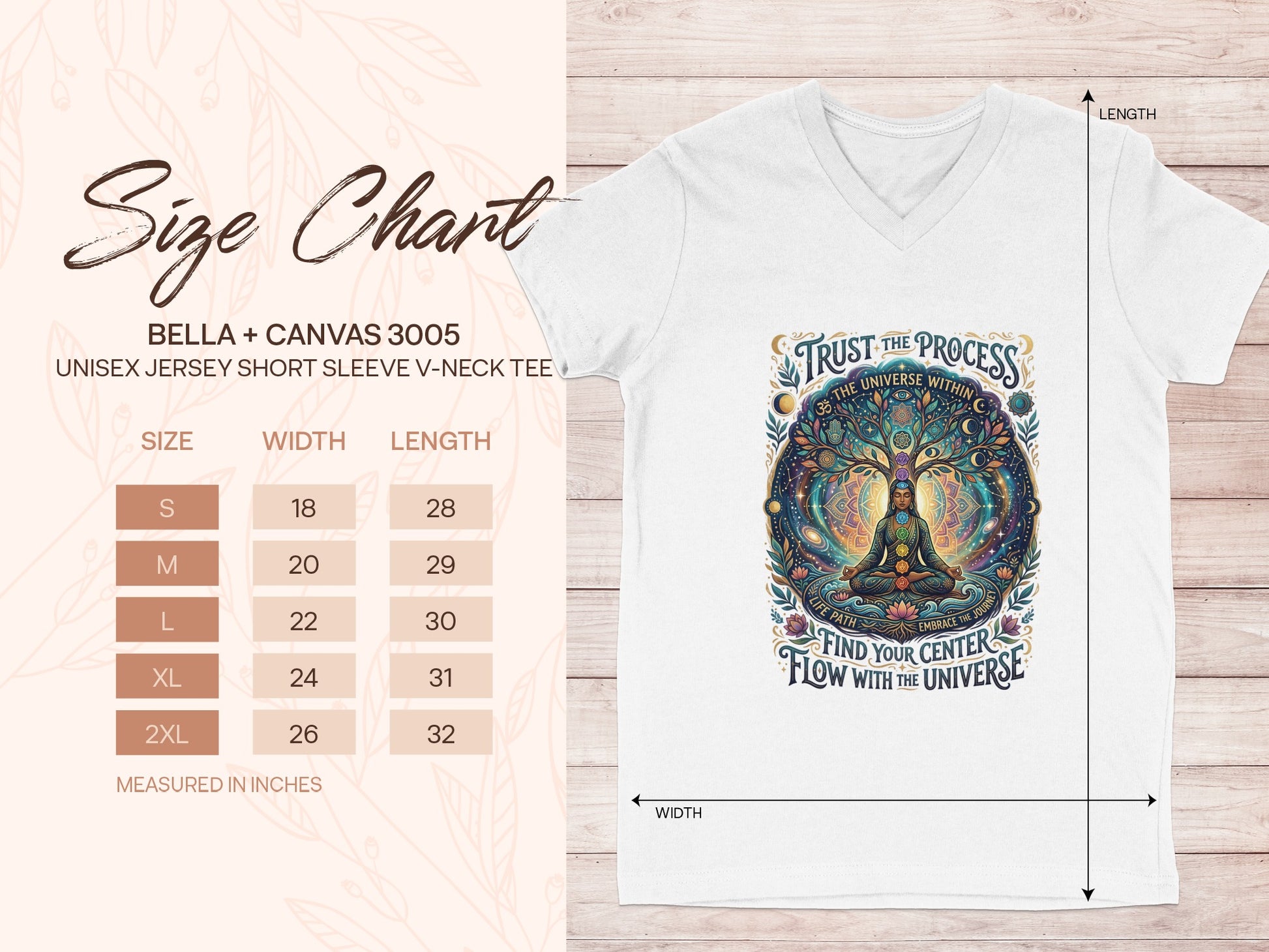 Bella + Canvas 3005 size chart with t-shirt graphic.