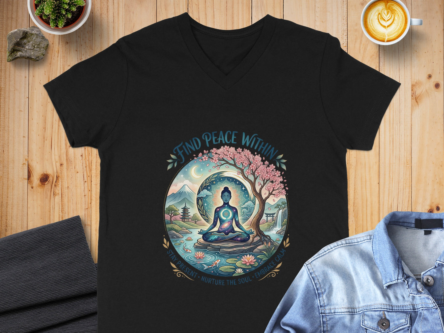 Black t-shirt featuring a serene meditation scene with the text "Find Peace Within".
