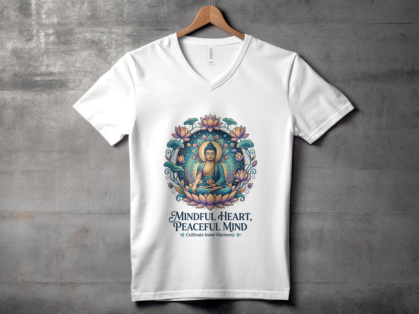 White v-neck t-shirt with a colorful Buddha, lotus flowers, and inspirational text.