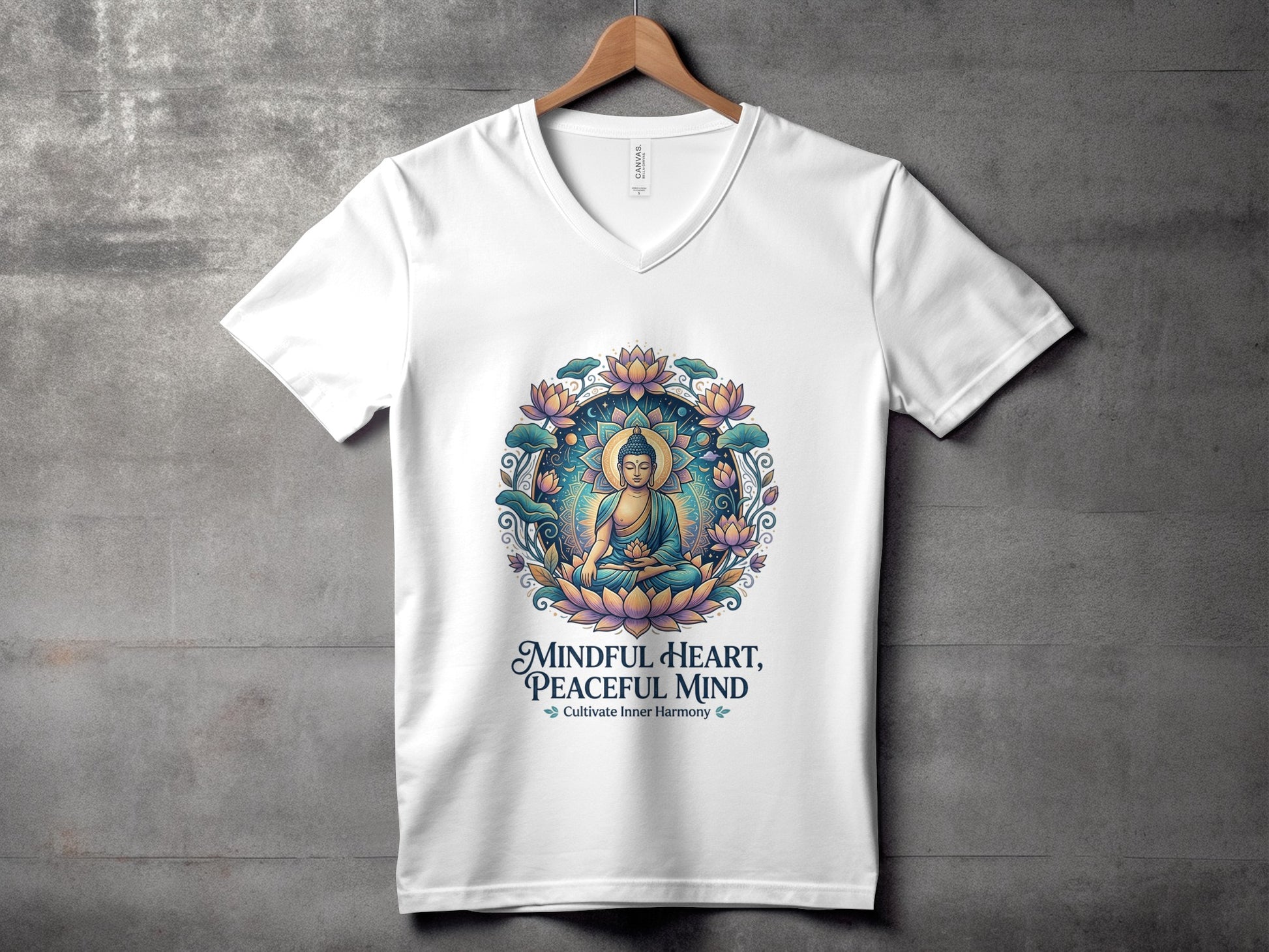 White v-neck t-shirt with a colorful Buddha, lotus flowers, and inspirational text.