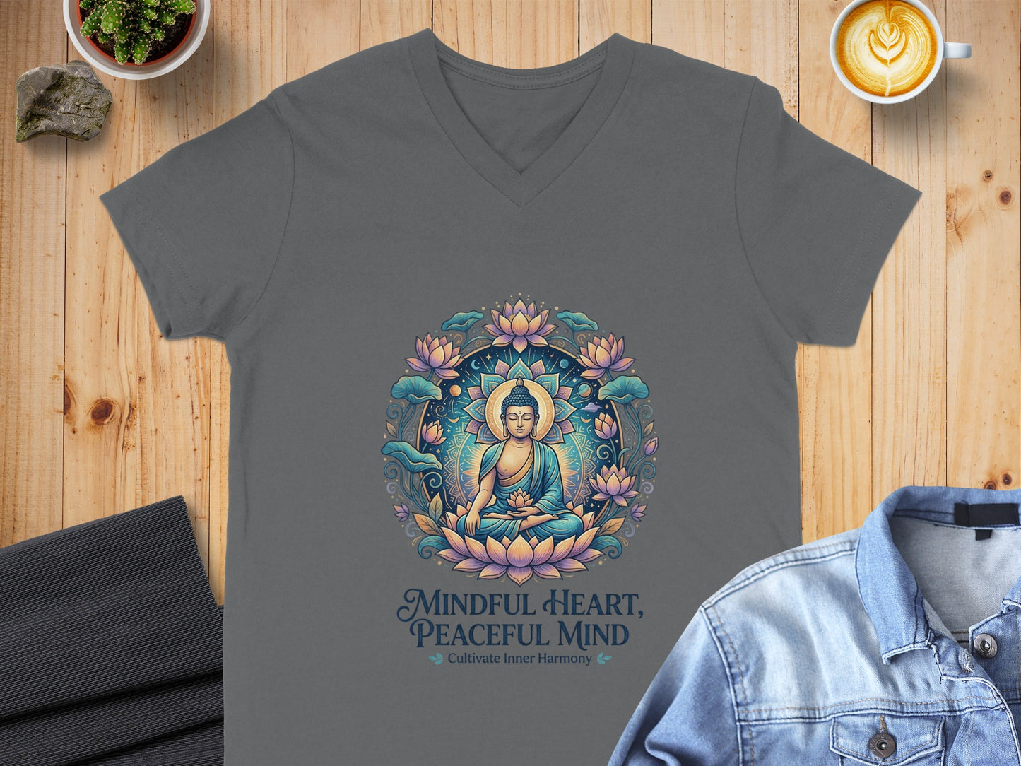 Grey v-neck t-shirt with a meditating Buddha and lotus flowers.