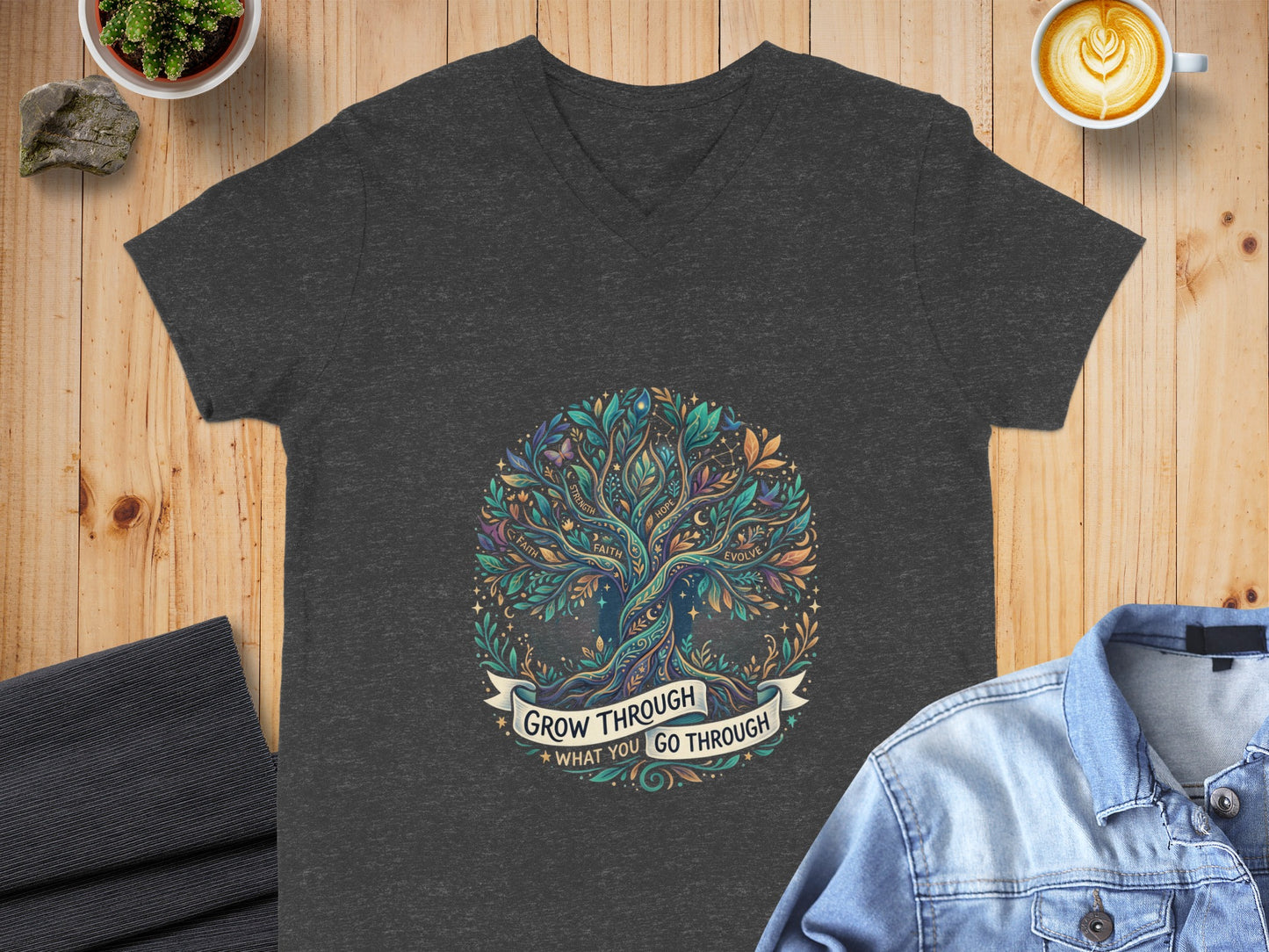Dark grey v-neck t-shirt with a colorful tree of life design and text.