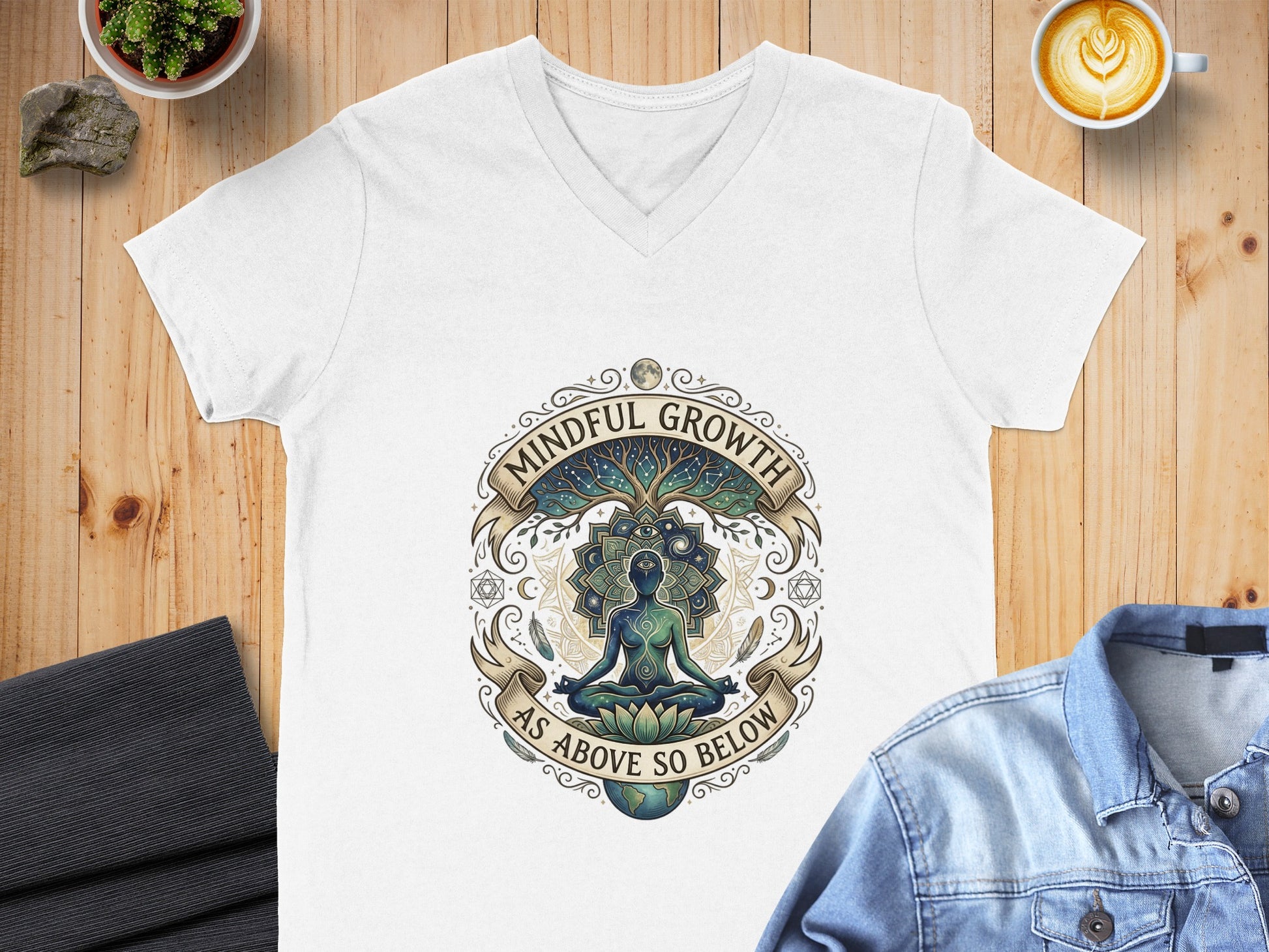 White v-neck t-shirt with "Mindful Growth As Above So Below" graphic.