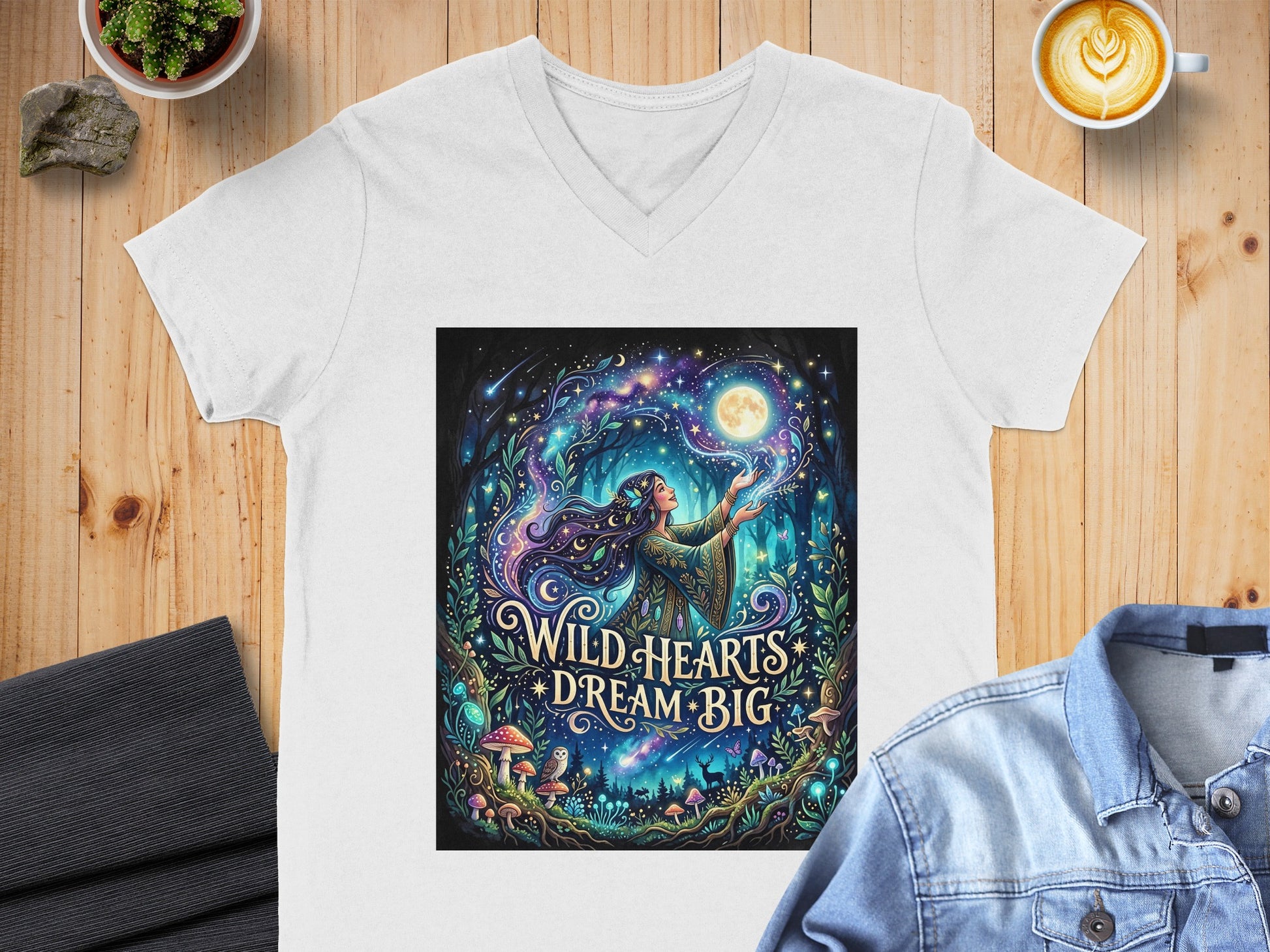 White v-neck t-shirt with "Wild Hearts Dream Big" celestial forest graphic.
