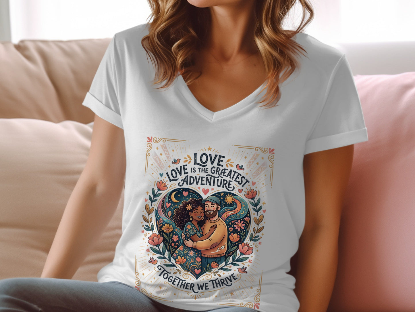 White v-neck t-shirt featuring a heart-shaped graphic with a couple and floral border.