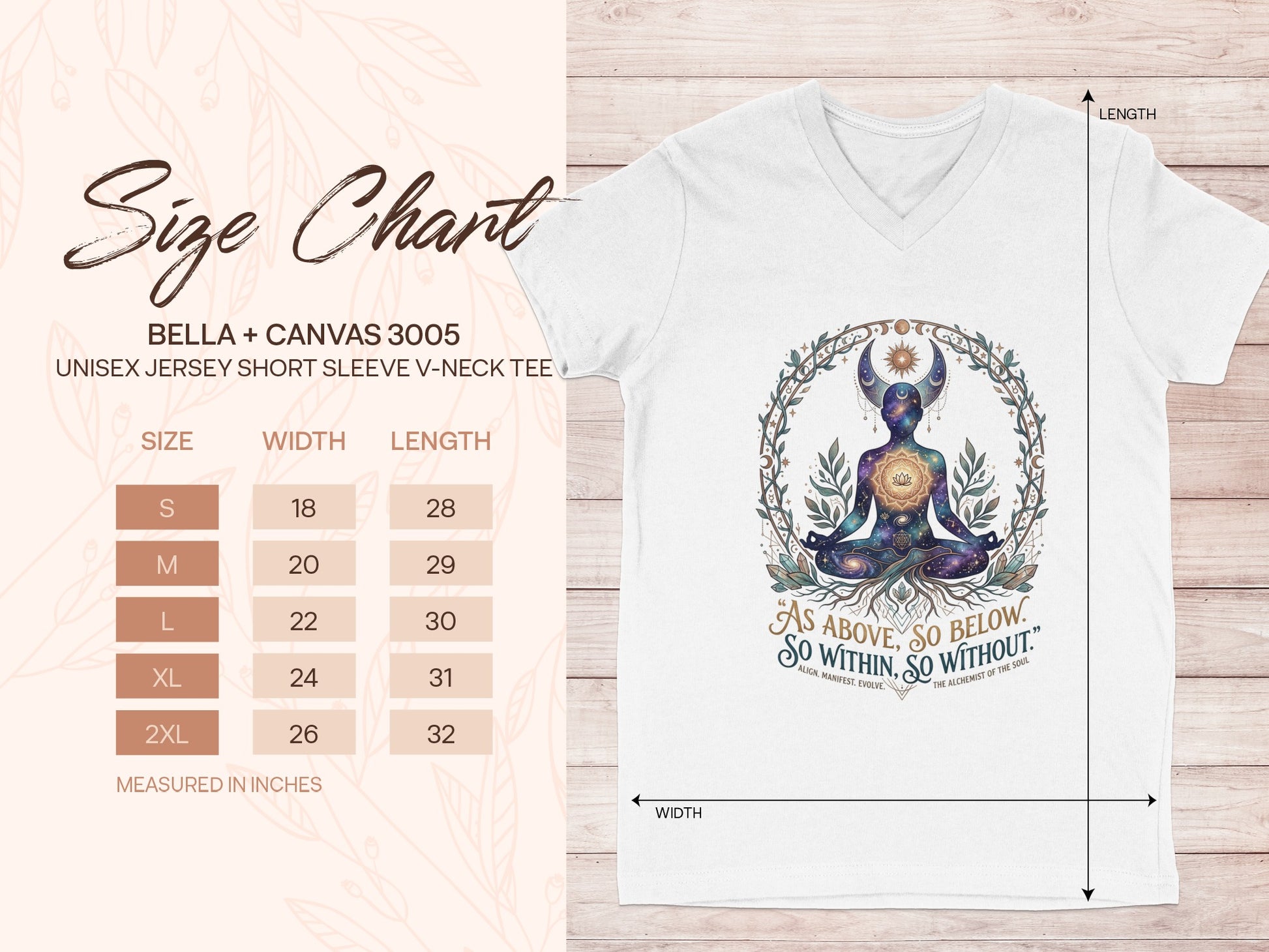 T-shirt size chart with measurements and detailed V-neck tee graphic.