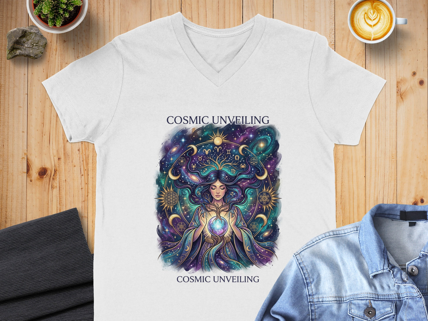 White v-neck t-shirt with "Cosmic Unveiling" and celestial goddess graphic.