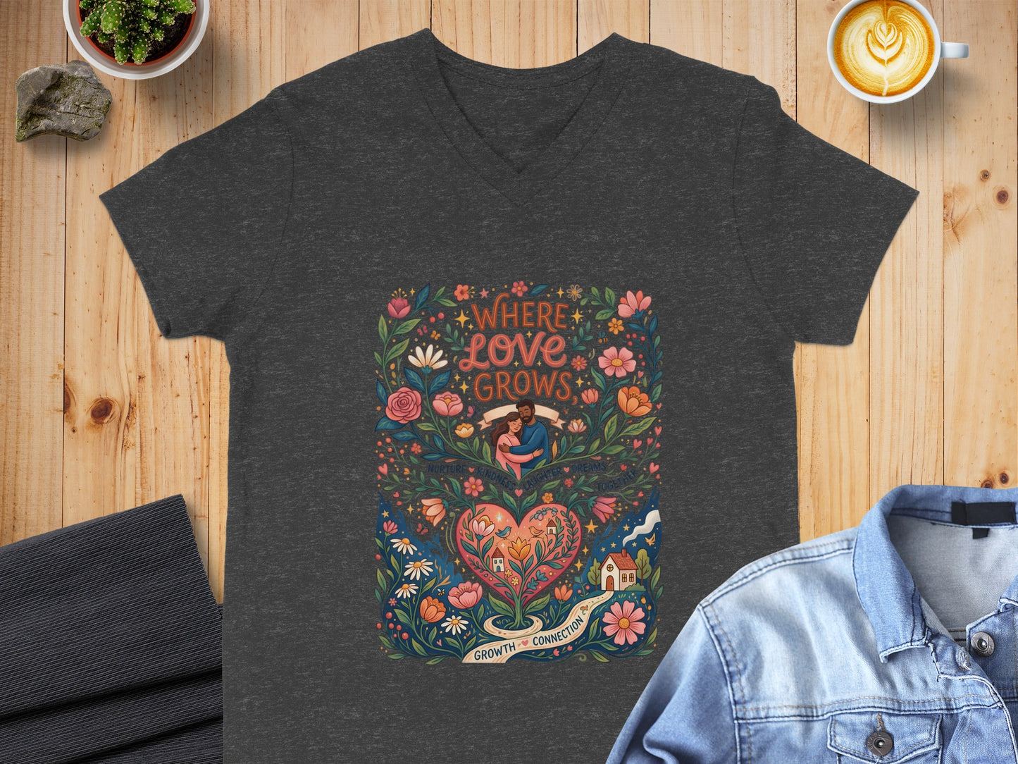 Dark t-shirt with "Where Love Grows" floral heart design, featuring a couple embracing.