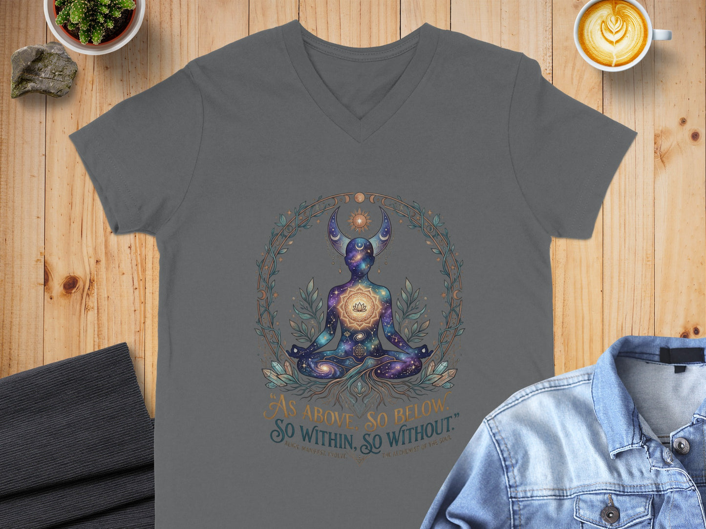 Gray t-shirt with cosmic meditating figure and quote "As above, so below. So within, so without."
